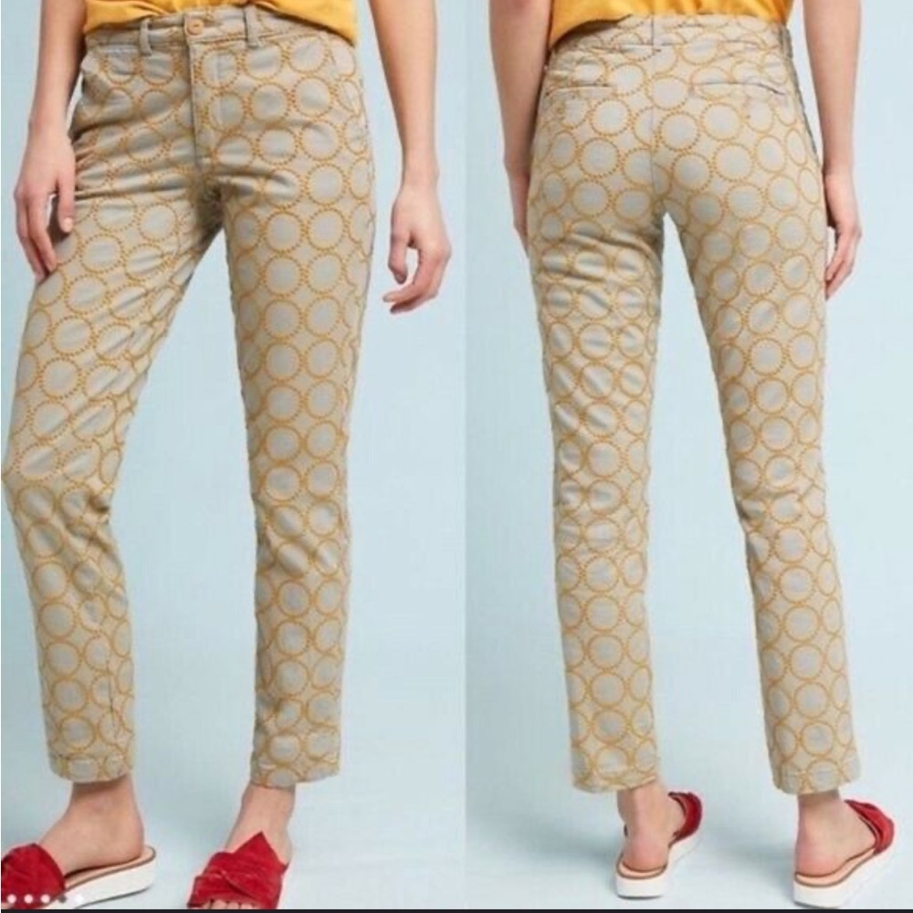 Chino by Anthropologie Relaxed Fit Embroidered Pants khaki gold size 26 NWOT